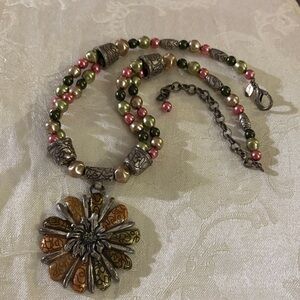 Chico's Floral Pendant Necklace with Pink, Green, and Gold Beads
